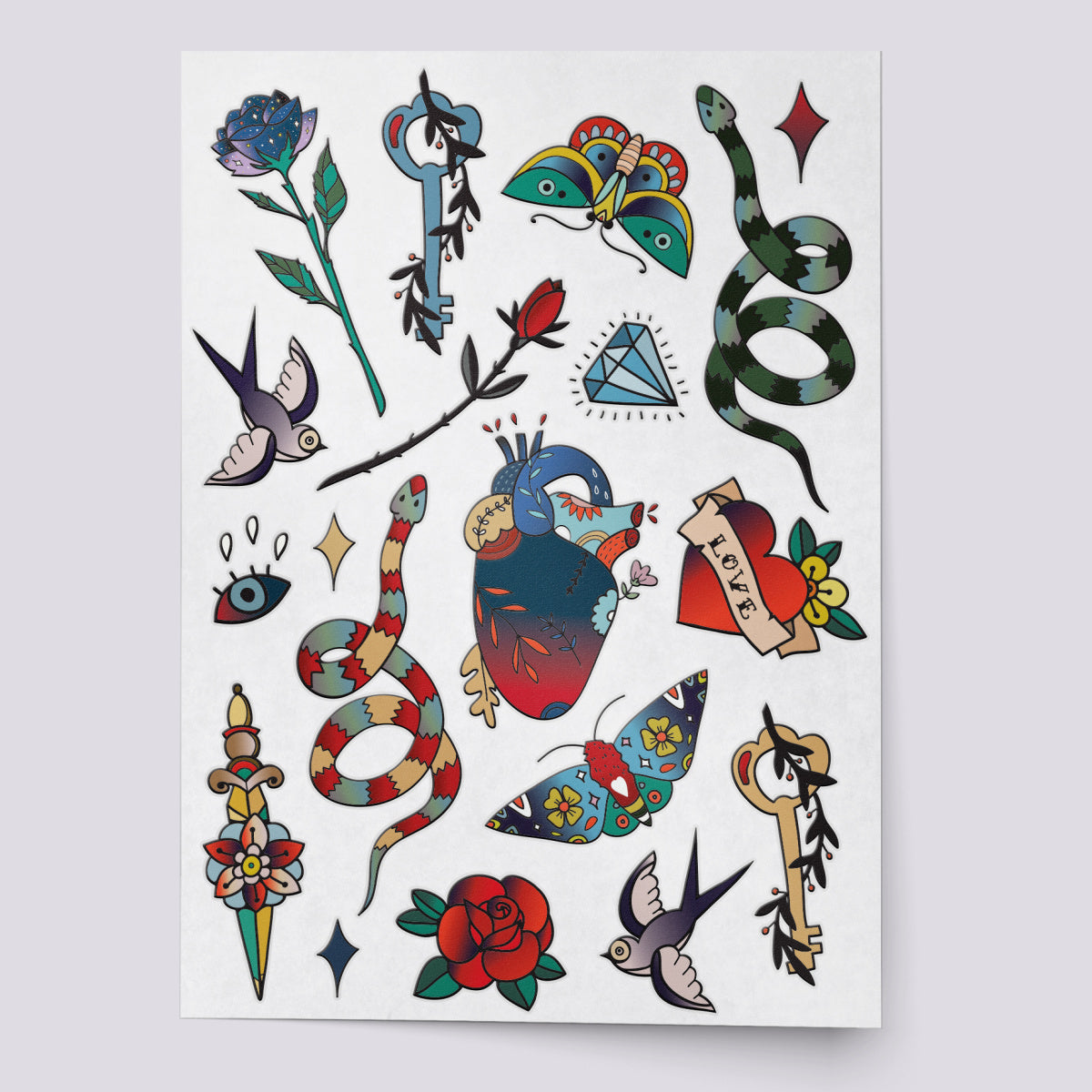 Vintage temporary tattoo set of classic tattoo designs