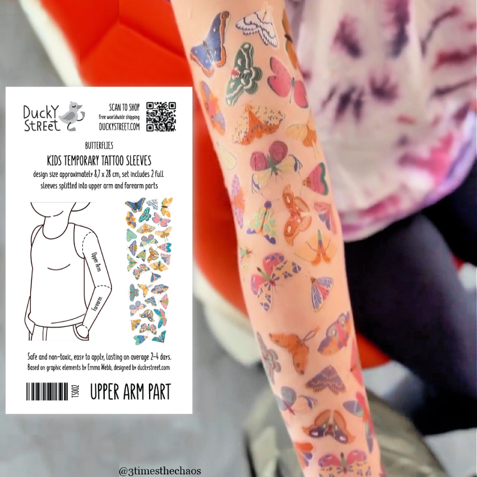 Butterfly-themed temporary tattoo sleeves on a child's arm.