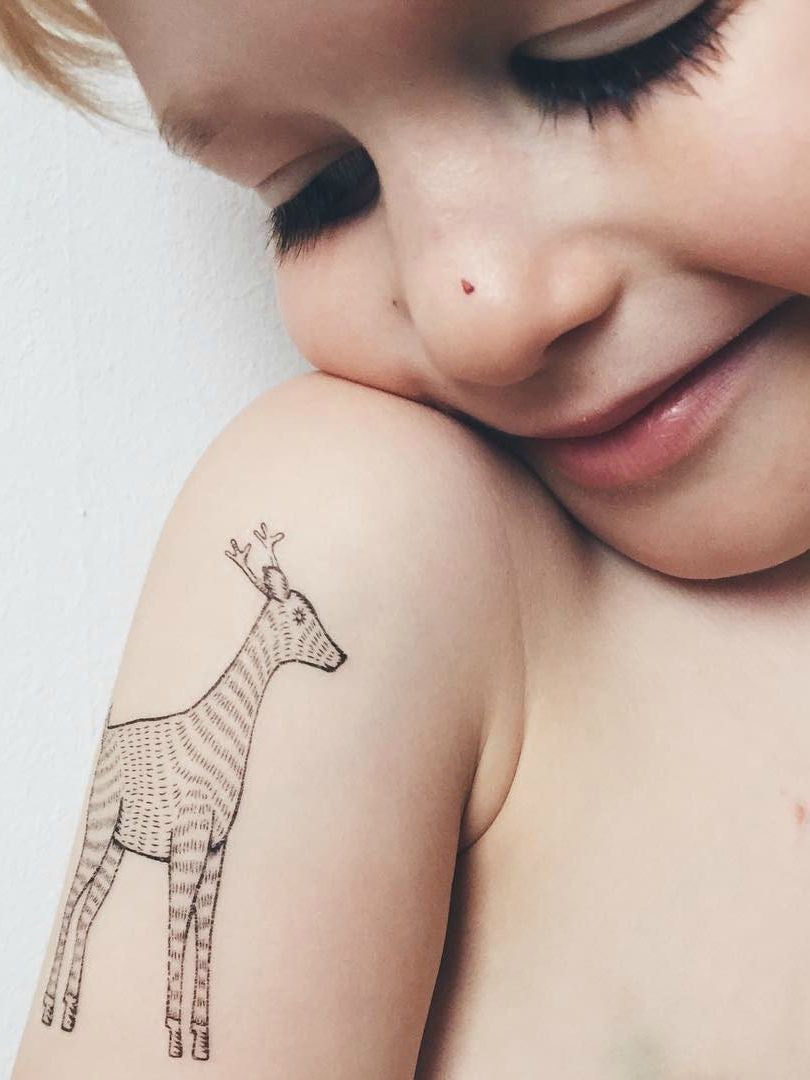 Unique black ink Deer temporary tattoo from Animals tattoo set. DUCKY STREET tattoos lover - tatted up boy with cute forest animal. 
