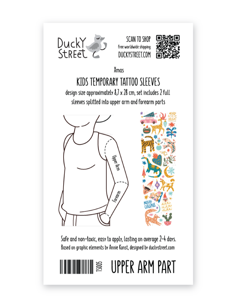 Ducky Street branded Christmas themed temporary tattoo sleeves set backside.