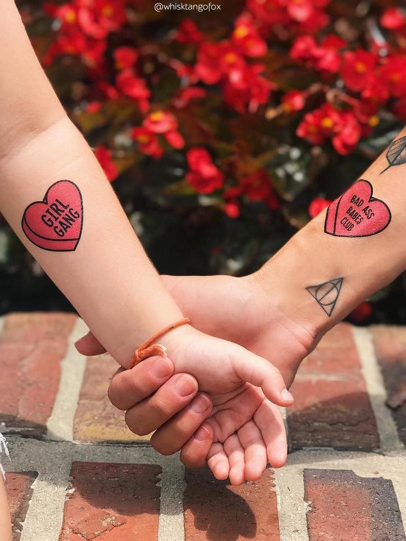 Girl Gang and Bad ass babes club in pink hearts temporary tattoos by Ducky street