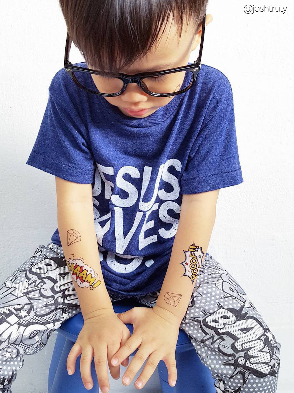 Comics style kids fake tattoos for superheroes lovers. Gift for boys, comics party bag fillers.