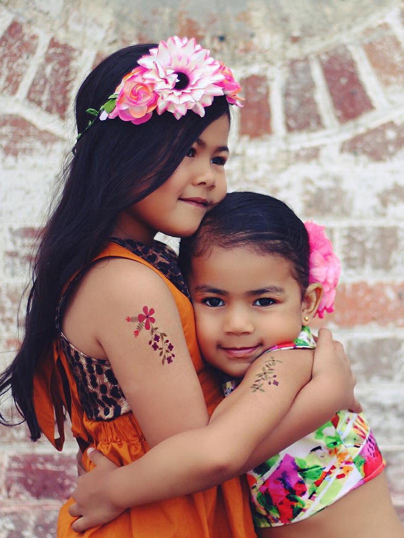 Matching flower temporary tattoos from big tattoo set "Flowers". Gift for sisters and besties.