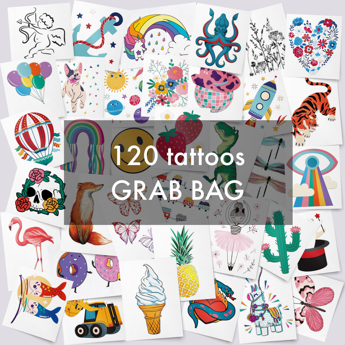 Collection of temporary tattoos with various designs. Grab bag sale.