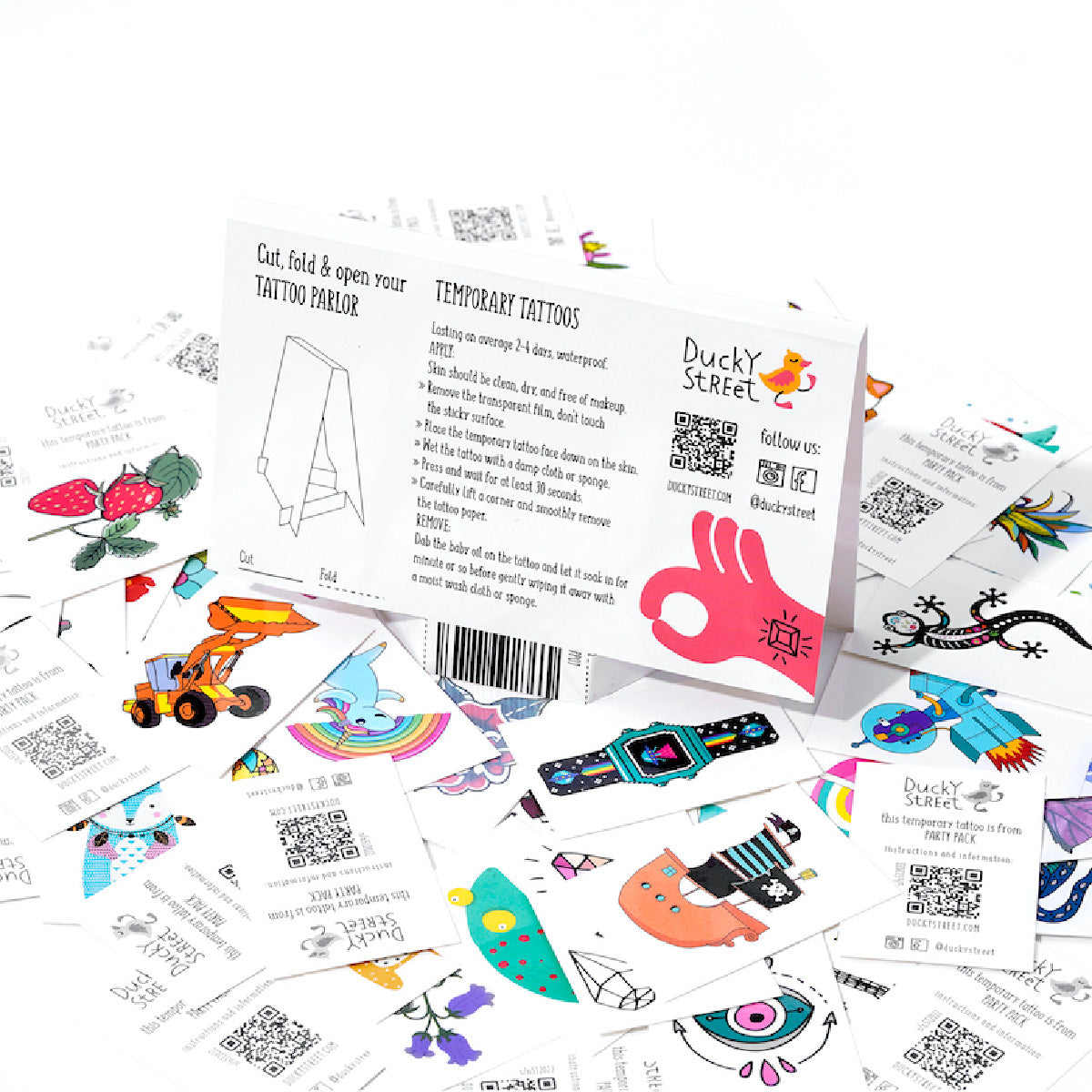 Party Pack of 100 various temporary tattoos for kids. Party favors.