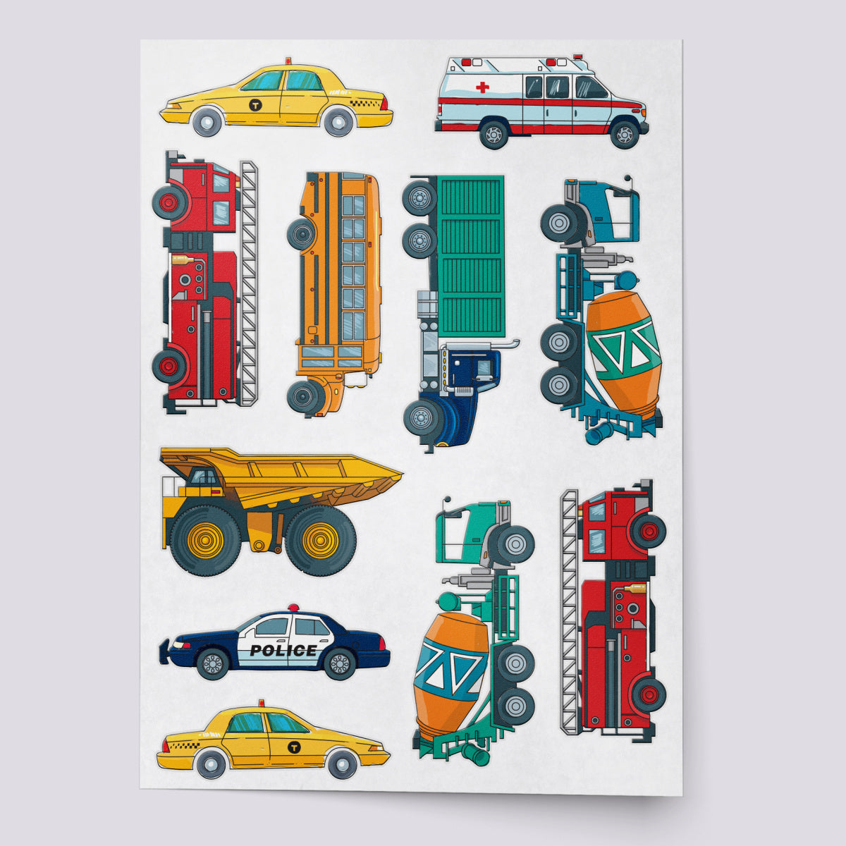 Cars and other vehicles temporary tattoo set