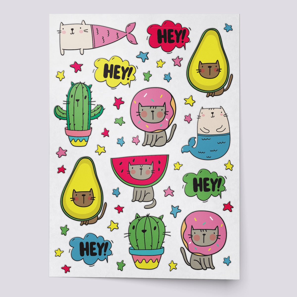 Kawaii cats temporary tattoos. Set of body stickers.