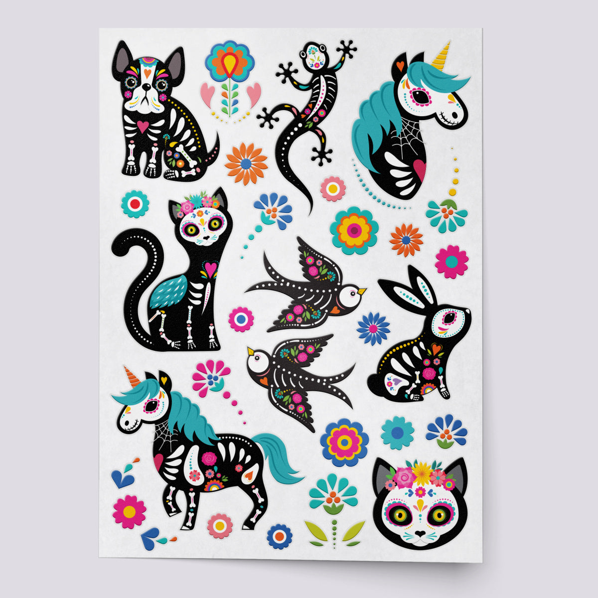 Animals skeletons temporary tattoo set