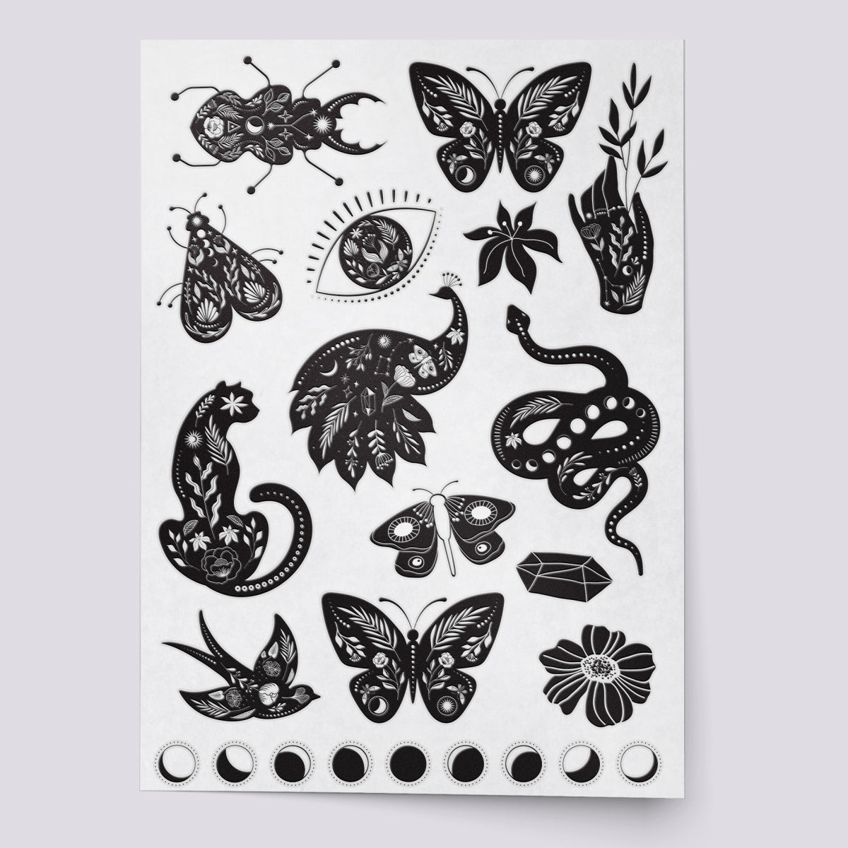 Mystic animals blackwork temporary tattoo set