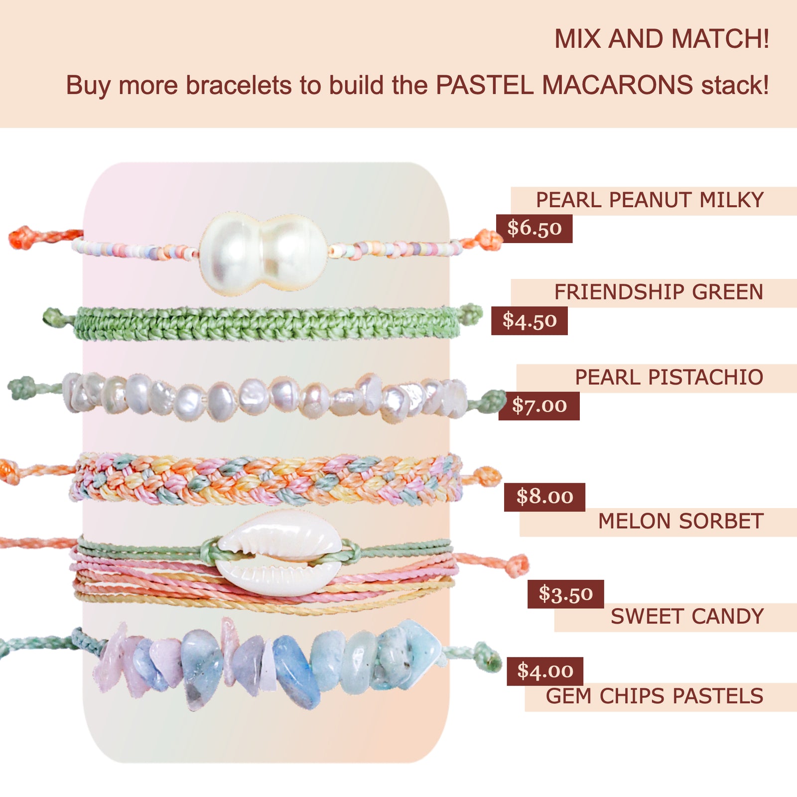 Waxed cord kids bracelet with peanut pearl and Miyuki beads