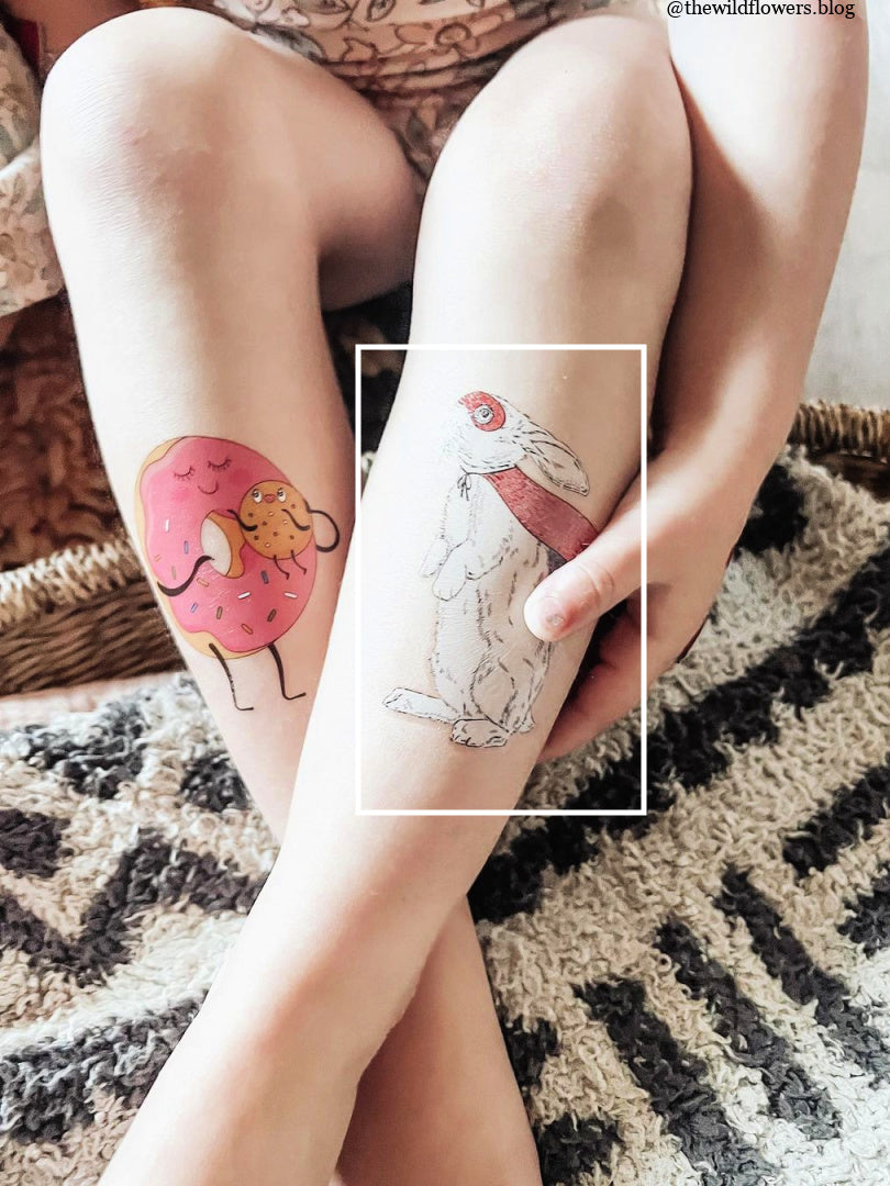 Temporary Tattoos Bunny Hero. Set of 3 Body Stickers of White Rabbit.