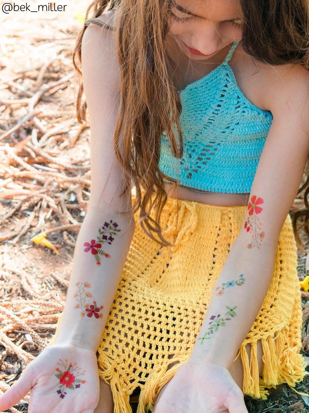 High quality flower temporary tattoos. Big set of 16 long lasting tattoo stickers with flowers and leafs.