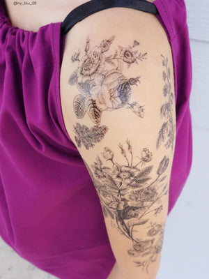 black ink vintage temporary tattoo sleeve with roses by Ducky street