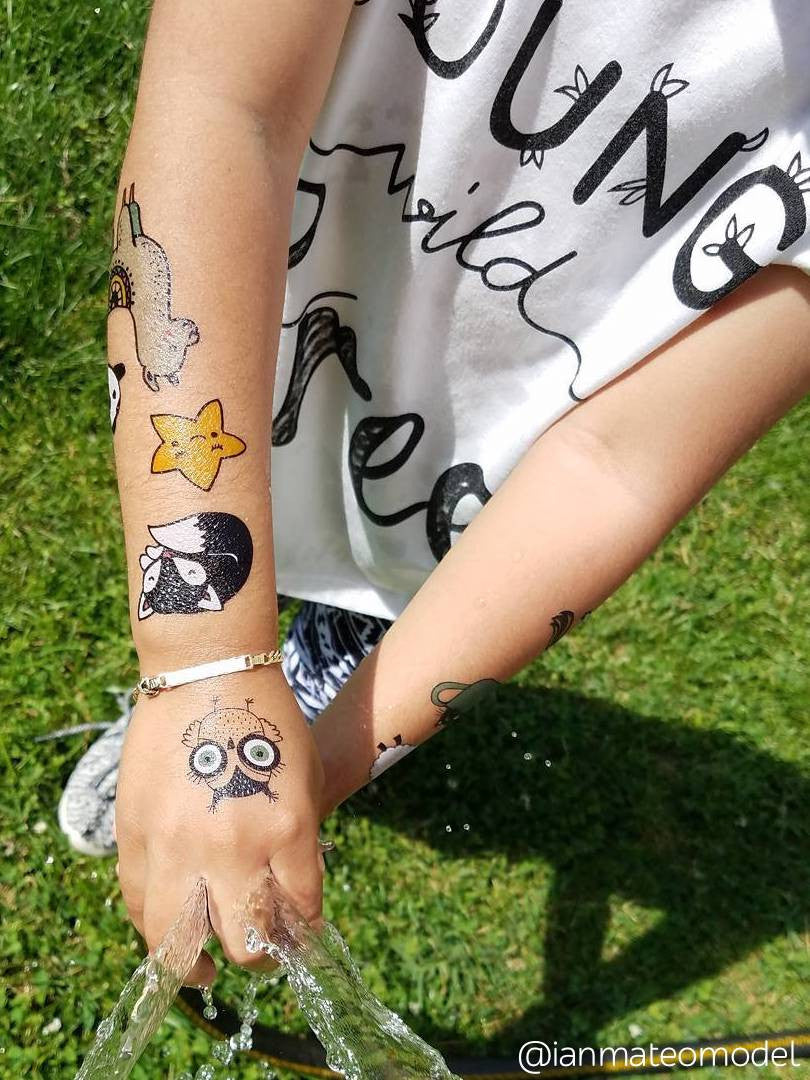 Lama, star, fox, owl kids tattoos from big Sweet doodles scandinavian style temporary tattoos by Ducky street