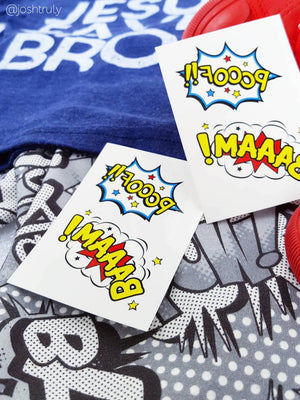 Comics temporary tattoos with Pooof and Baaam from Ducky street. Superheroes party bag supply.