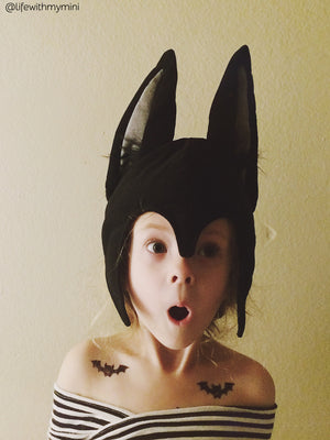 Bat Halloween costume with Bats temporary tattoos from Ducky street. Halloween party bag fillers.