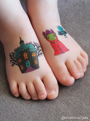 Dracula and his castle temporary tattoos for Halloween party. Great supply for trick-or-treat kids fun.