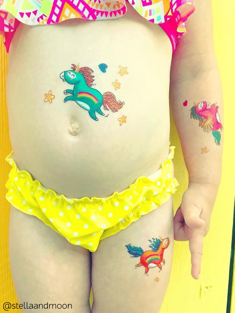 Kawai unicorns temporary tattoos for girls dress-up! Create a perfect beach look with set of 12 rainbow unicorns from Ducky street.